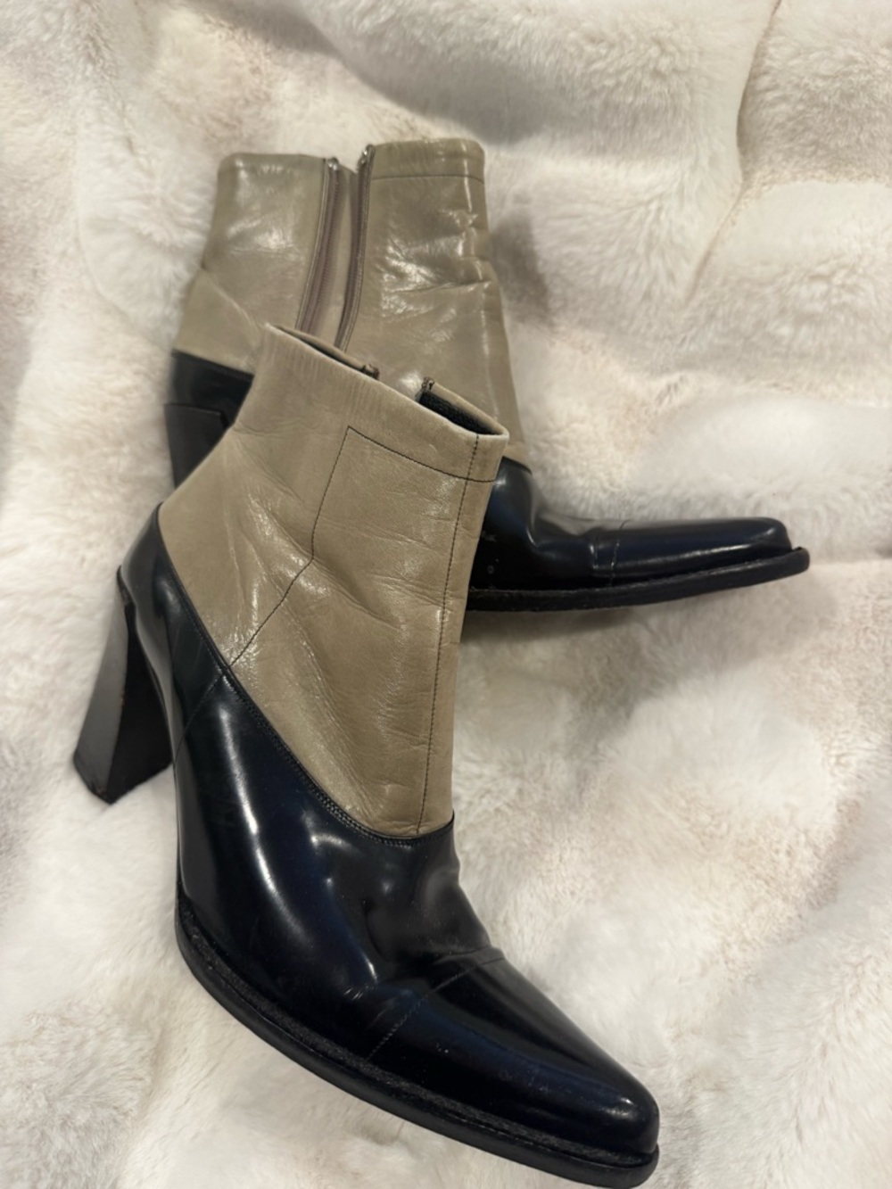 Prada Two-Tone Black and Taupe Pointed Ankle Boots - Picture 3 of 6
